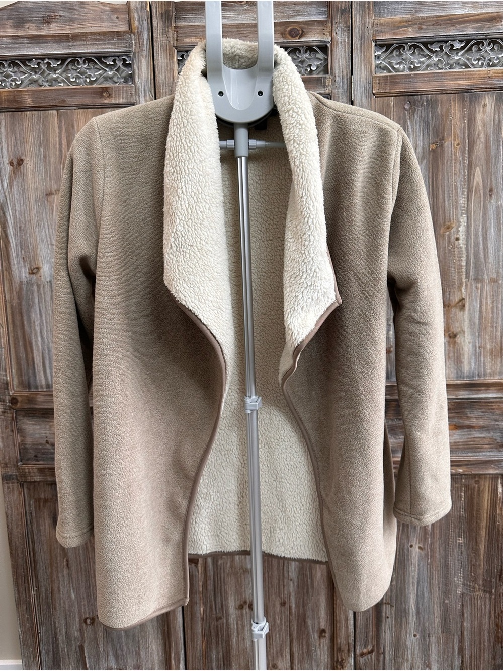 Nicole Miller Sherpa Lined Open Front Fleece Cardigan Jacket Taupe Beige Sz M